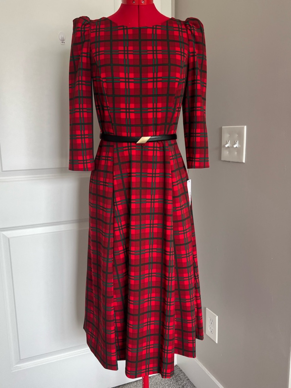 Calvin Klein Red and Black Plaid Midi Dress with Belt